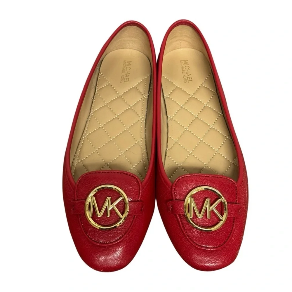 Michael Kors Red Leather Ballerina Flats Gold Logo Size 8.5 M